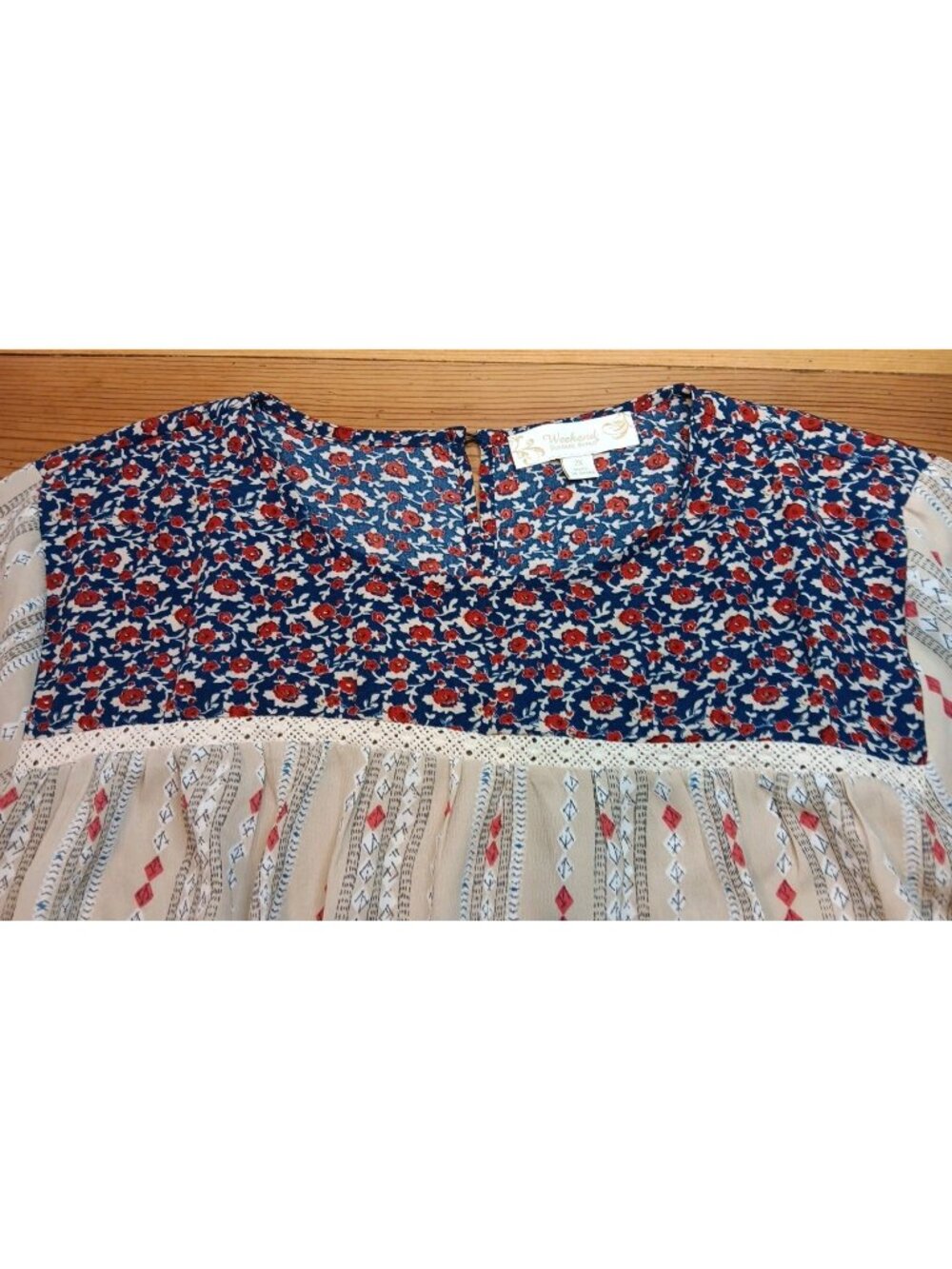 Weekend Suzanne Betro Womens Plus 2X Tunic Top 3/4 Sleeve Scoop Neck Floral Geo - Picture 2 of 8